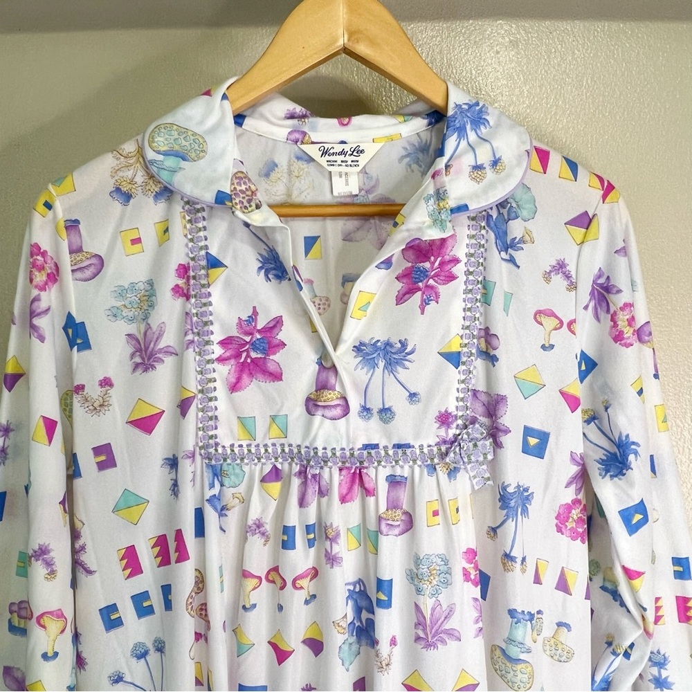 Mushroom Print Wendy Lee Vintage Mumu Nightgown Dress White Medium